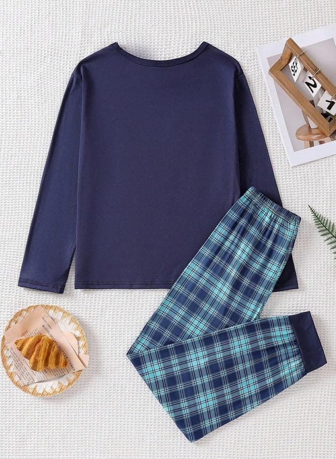 Boys Navy Blue T-Shirt And Checked Pyjama Set