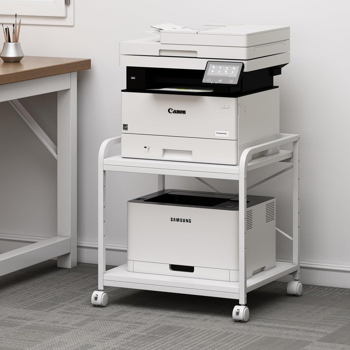 Fannova 20 Inches Deep Large Printer Stand 2 Tier Under Desk Printer Table with Height Adjustable Shelf Rolling Printer Cart with Wheels for Home Office Storage White