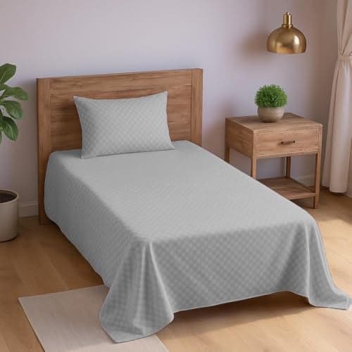 Trance Home Linen Premium Pure Cotton 300TC Checkered Jacquard Weave Single Flat Bedsheet with 1 Pillow Cover | Hypoallergenic & Ultimate Comfort for Skin (54 x 90 inch, Silver Grey)