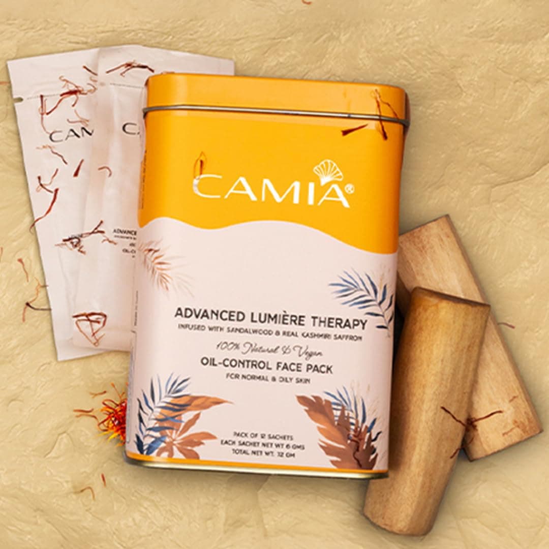 CAMIA Premium Oil Control Face Pack For Normal Oily Skin Infused with Pure Sandalwood Kashmiri Saffron I Face Pack for Glowing Skin AntiAging Hydrates Nourishes 12 Sachets