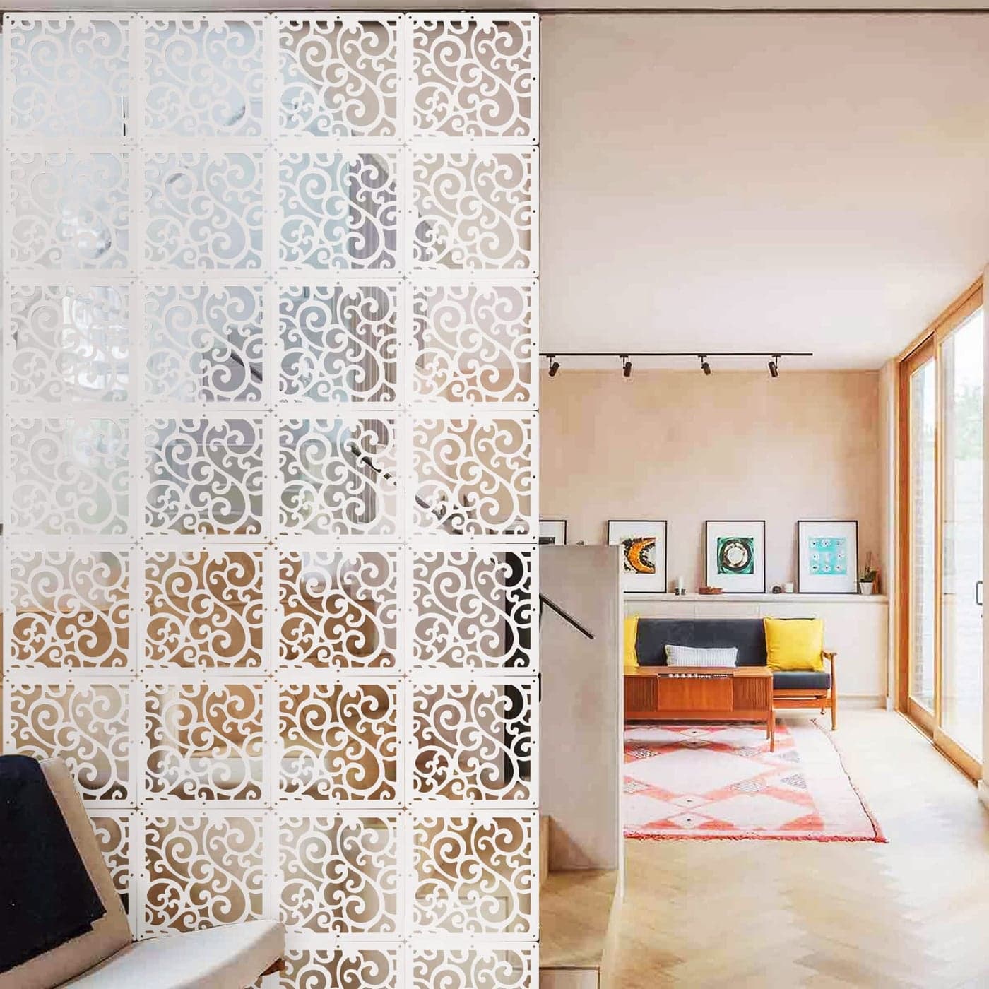 ANMINY 48 PCS Hanging Room Divider Decorative Thick Panels Floral Carving Wall Screen Hollow Out Design for Bedroom Living Dining Room Kitchen Office Restaurant Home Hotel Decor White Vine Leaves