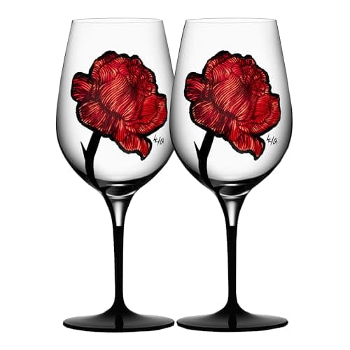 Kosta Boda Tattoo Wine Glass (Set of 2) - 8.8" x 3.5", Hand-Painted Glass - Rose Tattoo Inspired, Kitchen & Dining Decor, Versatile Serving for Cabernet, Cocktails, Champagne, Red/Clear