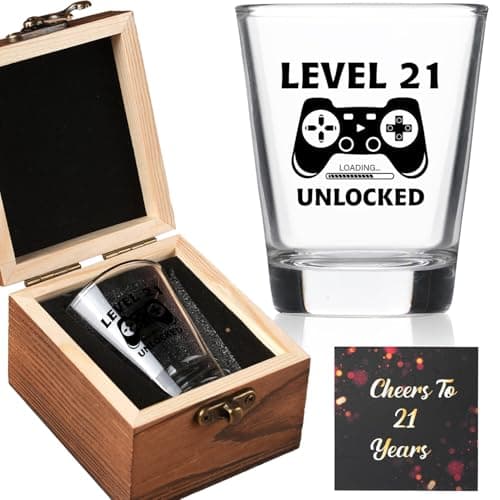 21st Birthday Gifts for Him Her - Level 21 Unlocked - Birthday Shot Glass with Wooden Box - Cheers To 21 Years Old, Finally 21st Party Decoration - Turning 21 Bday Gift for Men Brother Friend