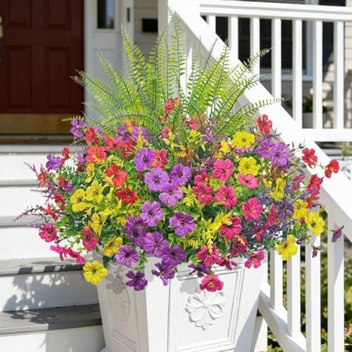 Bassion 20 Bundles Artificial Flowers for Outdoors, UV Resistant Silk Fake Flowers with Lavender and Ferns Faux Shrubs Plants for Outdoor Planters Window Box Porch Garden Home Decorations