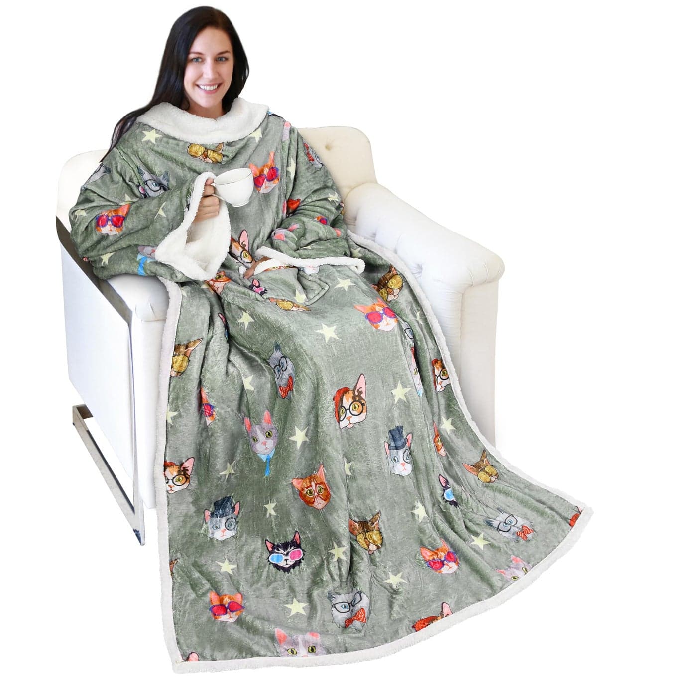 Catalonia Cat Dog Print Sherpa Wearable Blanket with Sleeves Arms Comfy Sleeved TV Wrap Blanket Large Snuggly Throw for Women and Men Gift for Her