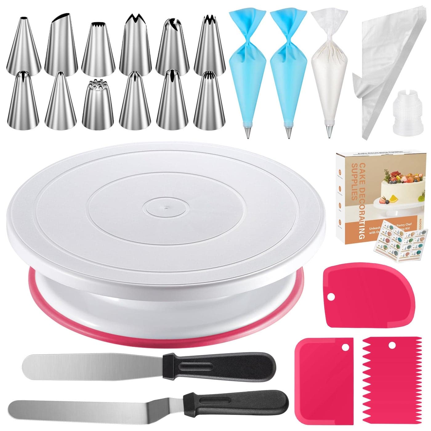 Kootek 71PCs Cake Decorating Kit Baking Supplies Tools Includes Cake Stand Turntable 12 Icing Piping Tips 2 Frosting Spatulas 3 Scrapers 502 Piping Bags Coupler Video Tutorial Booklet