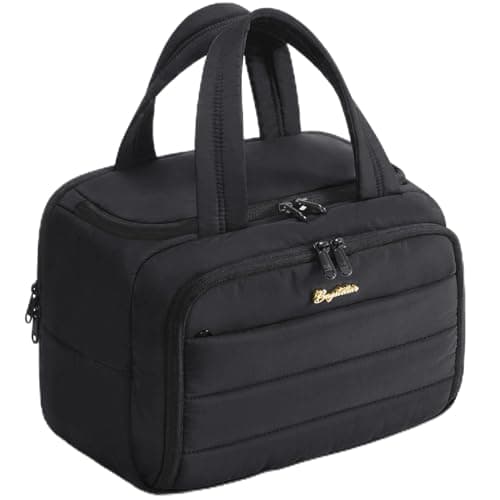 Bagstellar Travel Toiletry Bag for Women, Lightweight Large Quilted Puffy Makeup Bag Wide-open Make up Organizer Cloud Cosmetic Bag w/Handle for Traveling, Toiletries, Essentials, Accessories, Black