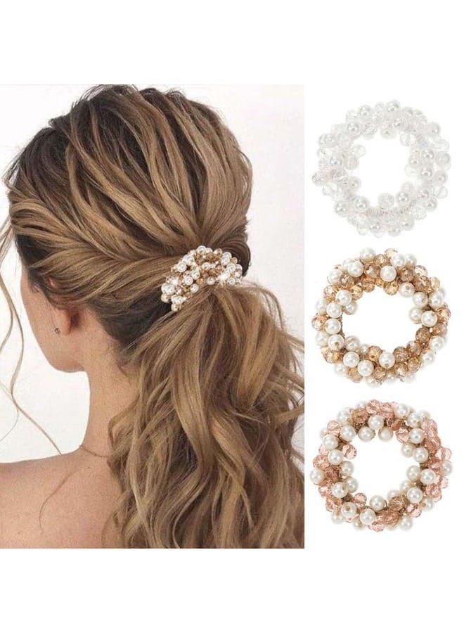 Pearl Hair Ties Beaded Fancy Elastic Hair Scrunchies Set Fashion Decorative Ponytail Holder Pearls Hair Accessories for Women and Girls 3PCS (Rhinestone)