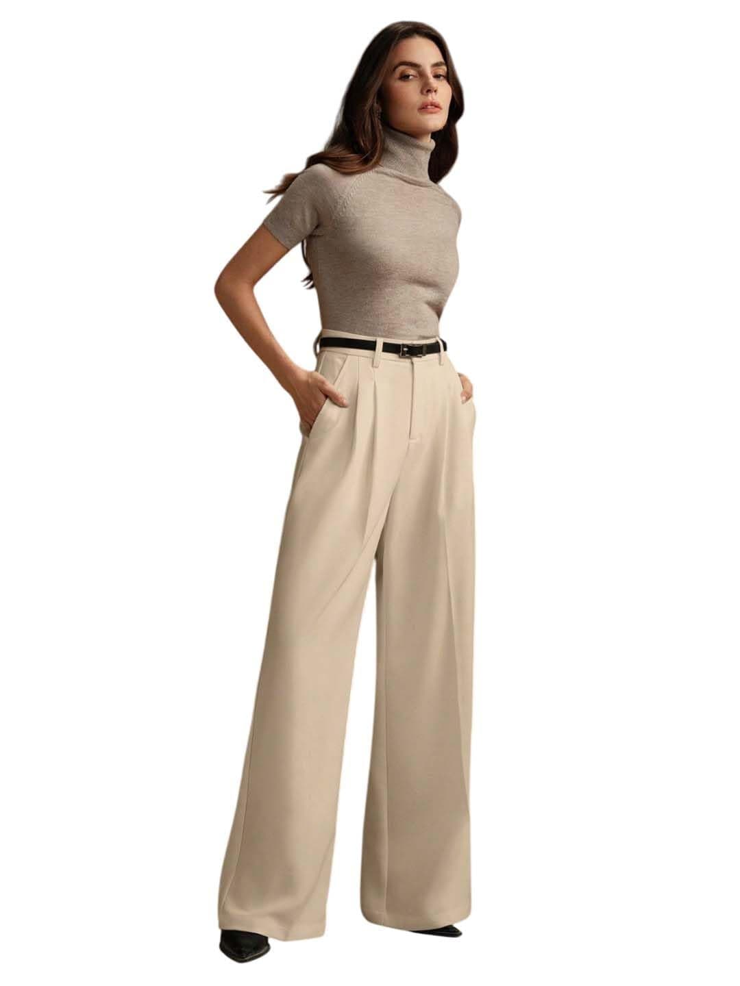 KOTTY Women's High Waist Straight Beige Pants for Office Wear (Beige,S)-KOTTYWOMENSPANT724S