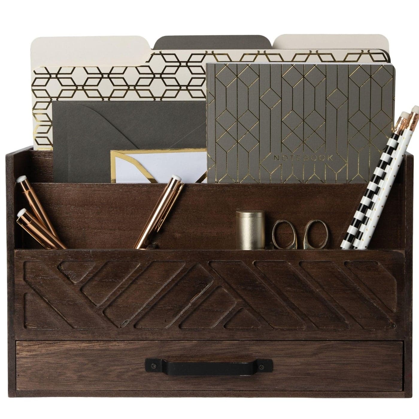 BLU MONACO Mail Organizer for Desk Brown Wooden Mail Sorter with Drawer and 6 Compartments Rustic Letter Organizer with Black Handle Desktop File Holder for Home Office Entryway or Kitchen