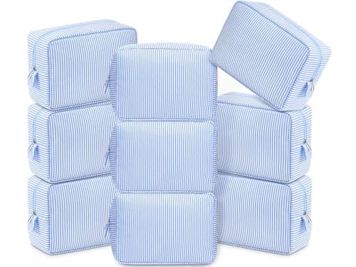 Sanwuta 9 Seersucker Cosmetic Bag Bulk Pinstripe Makeup Bag for Women Aesthetic Cute Travel Toiletry Organizer Preppy Storage Pouch for Wedding Bridesmaid Christmas Gift (Large,Blue)