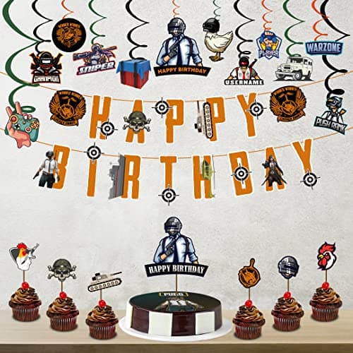 Festiko®Video Game Happy Birthday Decorations (20 pcs) - PUBG Happy Birthday Party Supplies Picks for Kids Gaming Themed Birthday Party Supplies Combo(Banner,Swirls,Cake Topper & Cup Cake Toppers)
