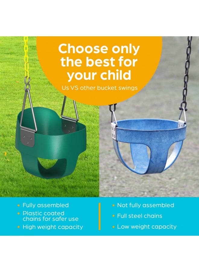 Jungle Gym Kingdom Toddler Swing - Heavy Duty, High Back, Full Bucket Baby Swing Seat with Coated Chains for Outdoor Use - Fully Assembled - Green