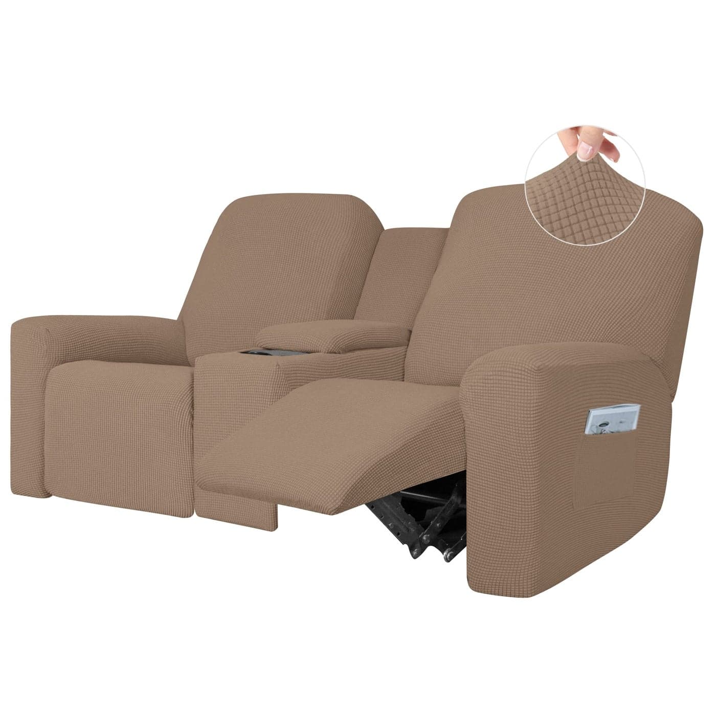 EasyGoing 1 Piece Stretch Reclining Loveseat with Middle Console Slipcover 2 Seater Loveseat Recliner Cover with Holder and Storage Recliner Couch Sofa Cover Furniture Protector Camel