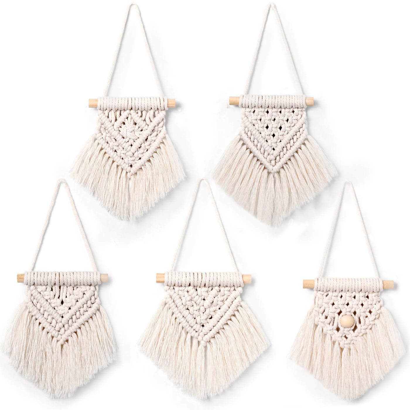 WILLBOND 5 Pcs Mini Macrame Wall Hanging Decor Boho Christmas Handmade Woven Tapestry Tassel Wall Hanging Ornaments Christmas Tree Ornaments for Apartment Room Office Holiday Winter Decoration
