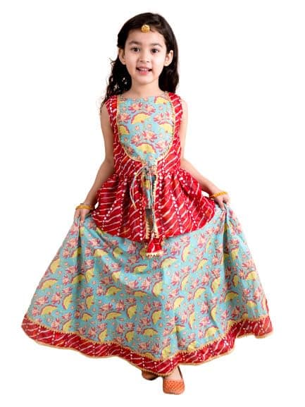Pspeaches Girl's Green White Printed Sequinned Cotton Readymade Lehenga And Choli Set (Green-5-6Y)