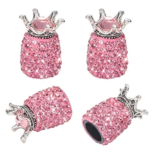 SAVORI Valve Caps 4 Pack Handmade Crystal Rhinestone Tire Caps Attractive Dustproof Accessories for Car Crown Pink