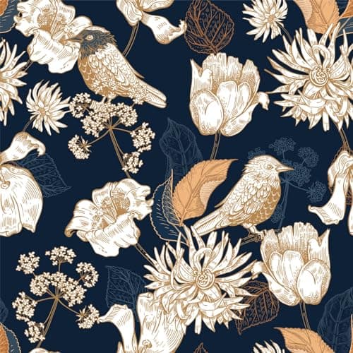 MAGAFA Vintage Dark Blue Gold Floral Wallpaper Garden Bird Flower Peel and Stick Wallpaper for Bedroom Accent Wall Teal Contact Paper for Cabinets Peel Stick Vinyl Wall Paper 1771x2362