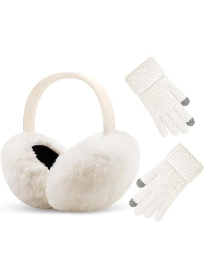 Winter Ear Muffs and Gloves Set for Women Girls Cute Foldable Ear Warmers Faux Fur Ear Covers Headband Ear Warmers Winter Headband for Adult Women