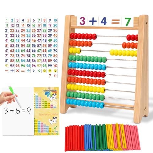 Ranqibo Wooden Abacus for Kids Math 10Row Counting Toy with 100 Beads Number Cards Counting Sticks Educational Counters for Kids Math Gift for Age 3 4 5 6 7 Year Old Boy Girl