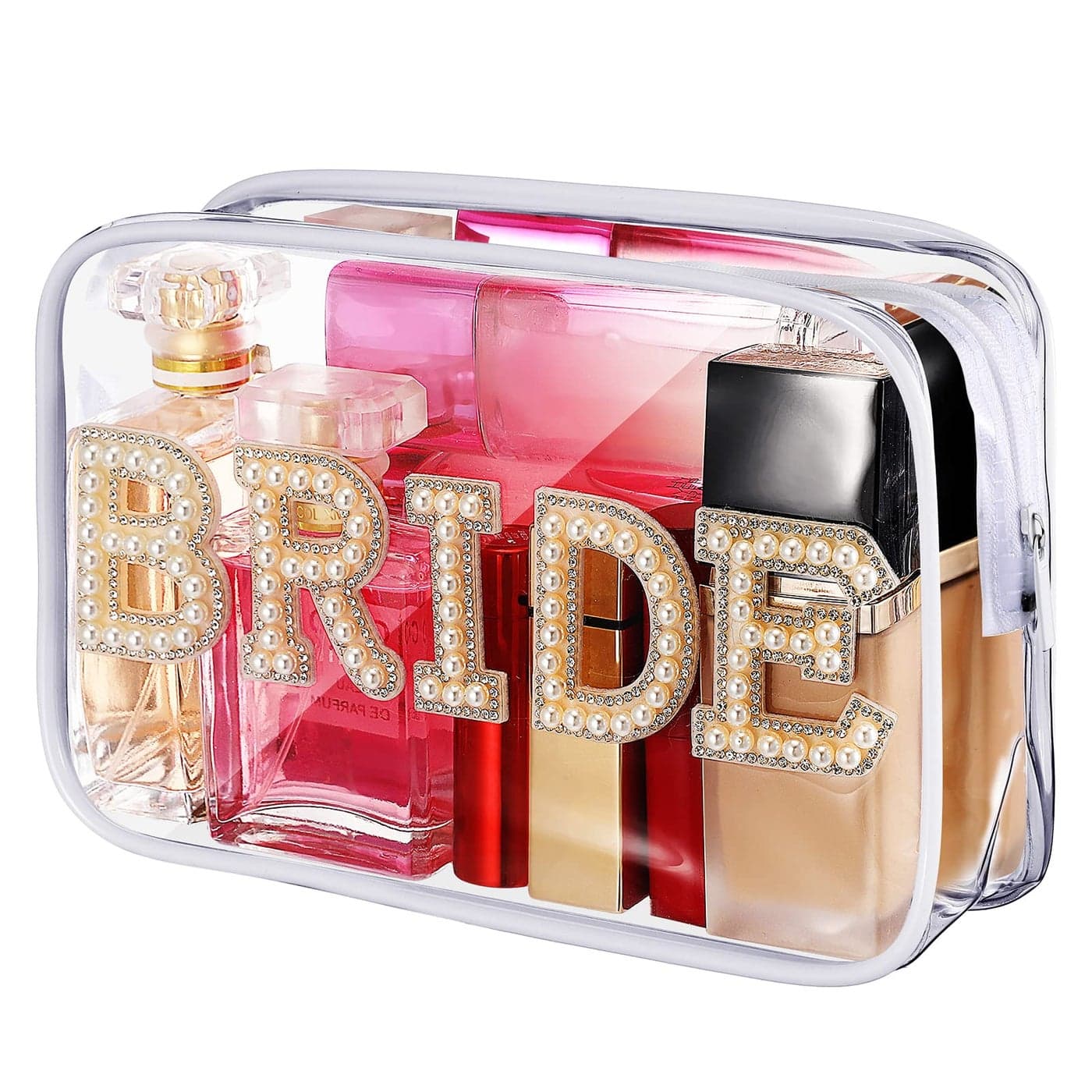 LEIFIDE Bride Bag Clear Makeup Bag Bride Gift Cosmetic Bag Mrs Pearl Bags Bride Toiletry Bag Wifey Makeup Pouch Rhinestone Letter PVC Cosmetics Bag Travel Case Bride Purse Portable Bag(BRIDE Style)