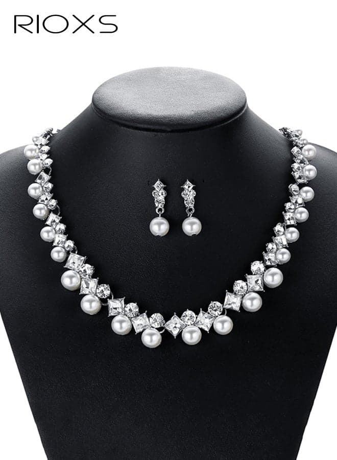 2 Pcs Jewellery Set for Women, Silver Rhinestone Pearl Pearl Necklace and Dangle Earings, Women's Pearl Bride Wedding Jewelry Set, Rhinestone Choker Necklace for Ladies Prom Gatsby Themed Party, Beaded Choker Necklace for Women, Crystal Simulated Pearl Cluster Statement Necklace Dangle Earrings Set