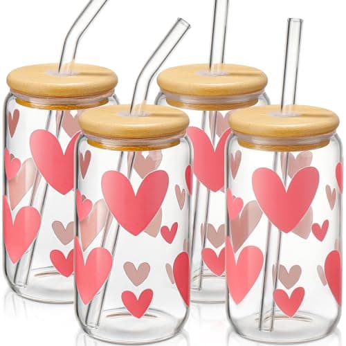 DWTS DANWEITESI Glass Cups with Lids and Straws with Design Pink Hearts 4 pcsClear Glass Cups 16 ozGlass TumblerCute Glass Iced Coffee Cups with Lids and Straws