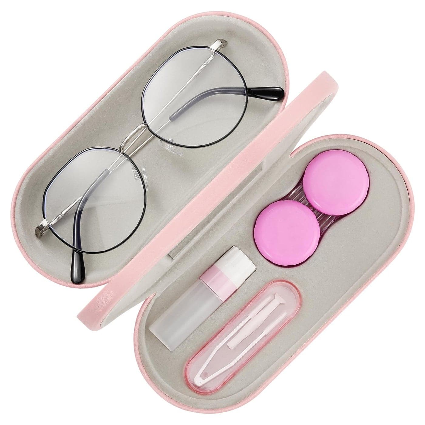 MoKo Double Eyeglass Case Contact Lens Case with Mirror Tweezers Remover 2 in 1 Double Sided Portable Contact Lens Box Holder Container Soak Storage Kit Sunglasses Pouch for Men Women Pink