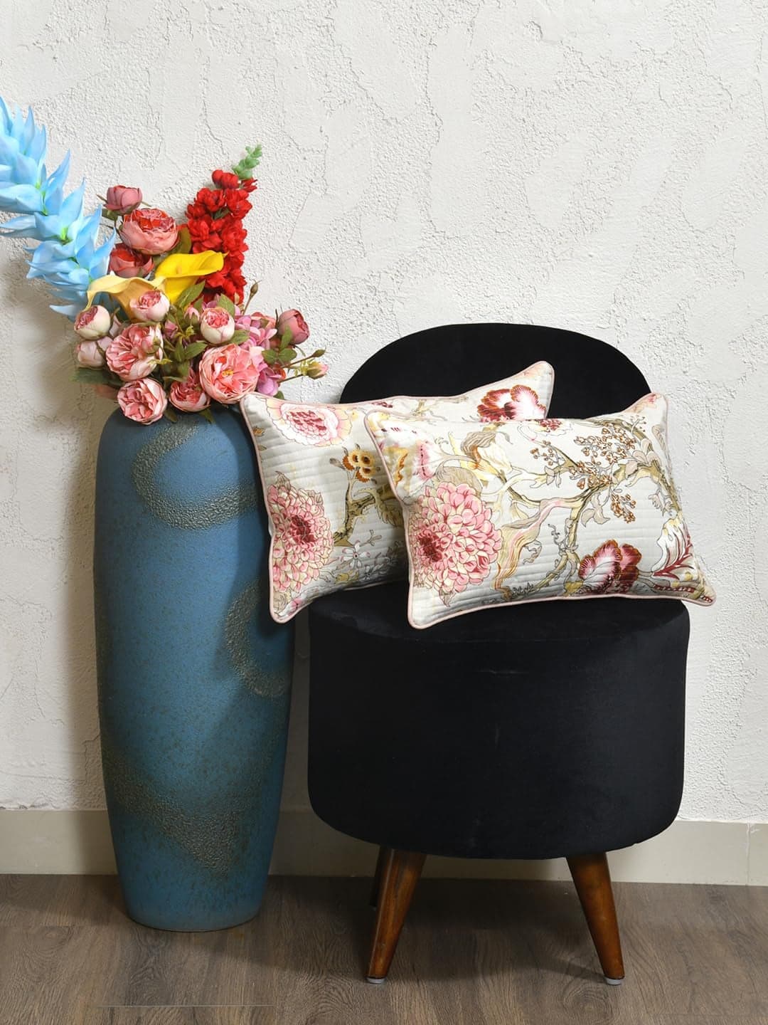 Clasiko Cotton Cushion Covers Set of 2; 12x18 Inches; Multicolor Flowers On Beige