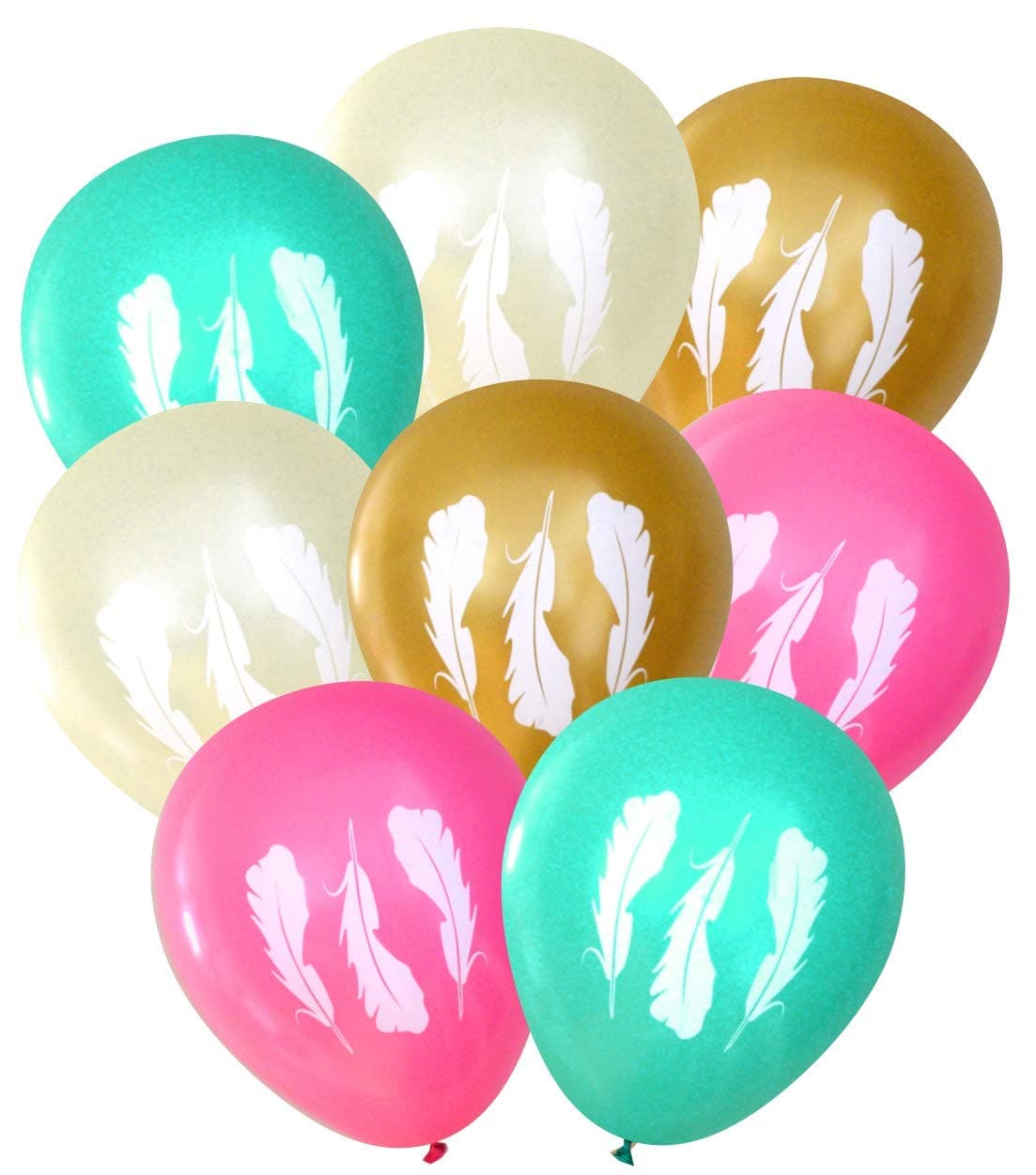 Feather Latex Balloons (16 pcs) for Tribal Boho Parties by Nerdy Words (Pink, Ivory, Gold, Aqua)