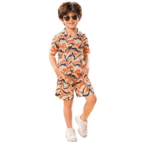 superminis Boys Co-Ord Set Rayon Shirt & Shorts Set | Printed Summer Coord Set for Boys | Casual Outfit with Pockets | Comfortable Kids Matching Set (5-6 Years, Cream)