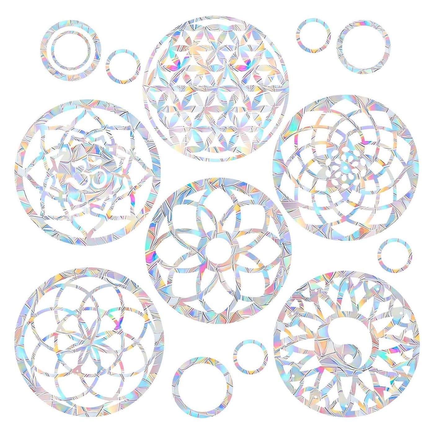 SHAWULA 18PCS Mandala Window Clings AntiCollision Decals to Save Birds from CollisionsNon Adhesive Prismatic Vinyl Window Clings Rainbow Stickers