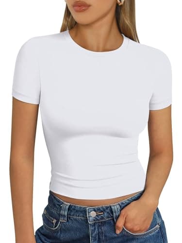 Trendy Queen Womens Basic T-Shirts Scoop Neck Short Sleeve Crop Tops Cute Summer Tops Slim Fit Tees Y2k Clothing 2024 White 2XS