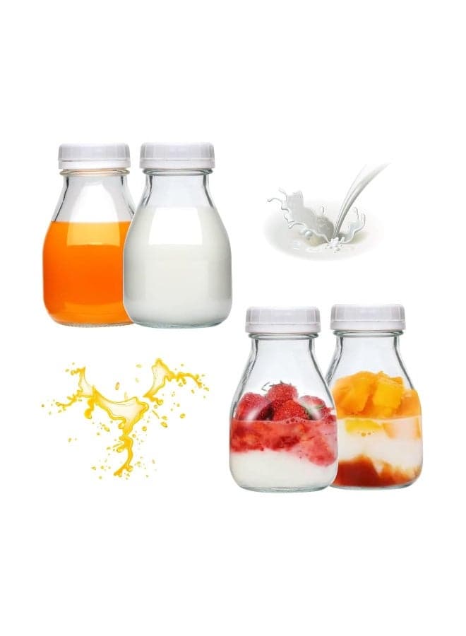 4 Pack 10 oz Reusable Glass Bottles with Lids for Milk, Juice, Beverages, Parties, Weddings, and Gifts