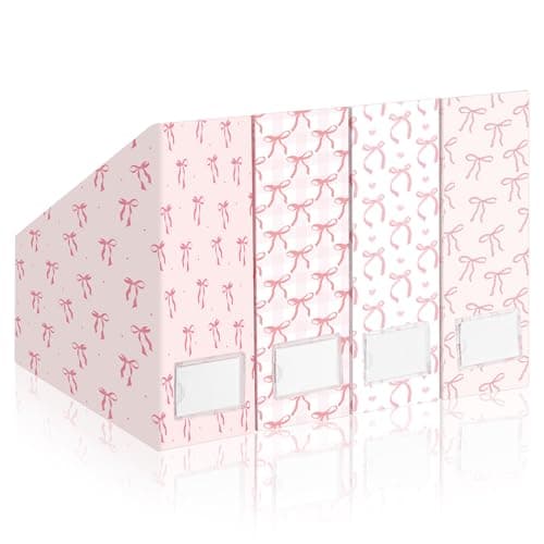 AmazingSpark Set of 4 Pink Bow Magazine File Holder Decorative Foldable Cardboard Magazine Storage Boxes with Acrylic Label Holders Coquettish Boho Organizer for Office Home Organization Storage
