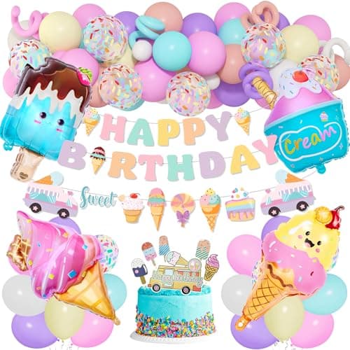75Pcs Ice Cream Birthday Party Decorations for Girls Kids Pastel Ice Cream Balloon Garland Arch Kit First Two Sweet Birthday Banner Foil Sprinkle Long Twist Balloons Cupcake Toppers Party Supplies