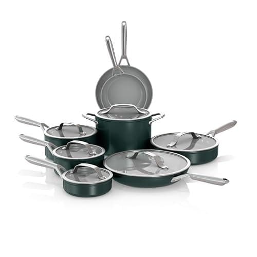 Ninja Ceramic Pro 14-Piece Cookware Set, Non-Stick Pots & Pans Set with Glass Lids, Nontoxic, PTFE Free, Ceramic Coated, Oven Safe, All Stovetops & Induction Compatible, British Racing Green CW39011GN