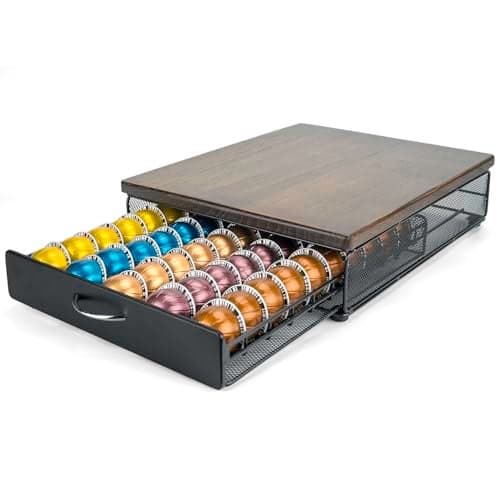 HiveNets for Vertuo Coffee Capsule Storage Drawer Compatible with Nespresso Vertuoline Pods Holder Metal and Wood Top Organizer (can hold 50 Pods)