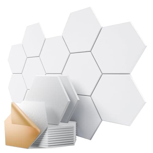 Dailycooper 12 Pack Self-Adhesive Acoustic Panels 12" X 10" X 0.4" - Sound Proof Foam Panels for Walls, Stylish Hexagonal Design, Flame Resistant, Absorb Noise and Eliminate Echoes(Pure White)