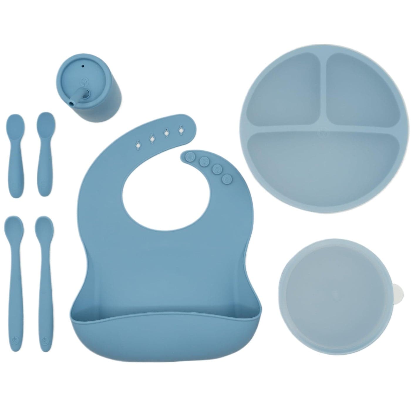 WeeSprout Baby Led Weaning Bundle Silicone Suction Bowl Spoons Bib Cup Develops Self Feeding Skills Dishwasher Safe Blue
