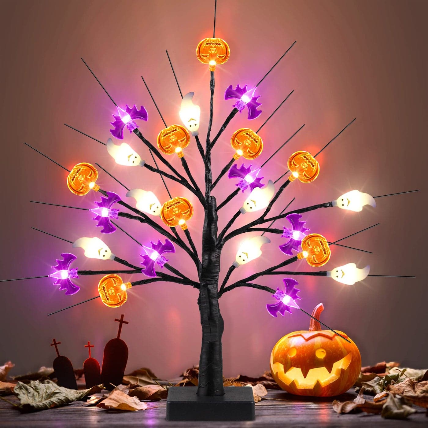 Mosoan 18 Inch Black Halloween Tree Light with 24 LED Pumpkin Bat Ghost Lights TimerUSBBattery Operated Halloween Lights IndoorOutdoor for Home Table Porch Mantle Party Decor