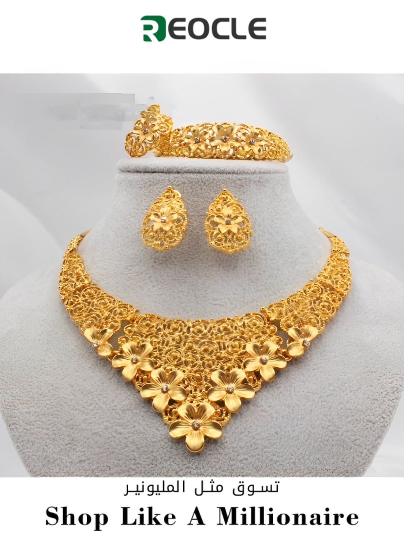 Women's 4 Pcs Flower Jewelry Set Elegant Crystal Necklace & Earrings & Bracelet & Ring Bridal Wedding Party Costume Jewelry Set for Ladies to Match Dress