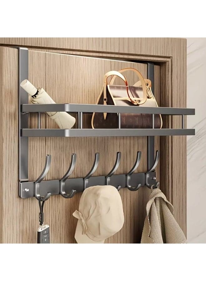 Over the Door Storage Rack with 6 Hooks and Shelf – Durable Aluminum Organizer for Clothes, Keys, and Handbags