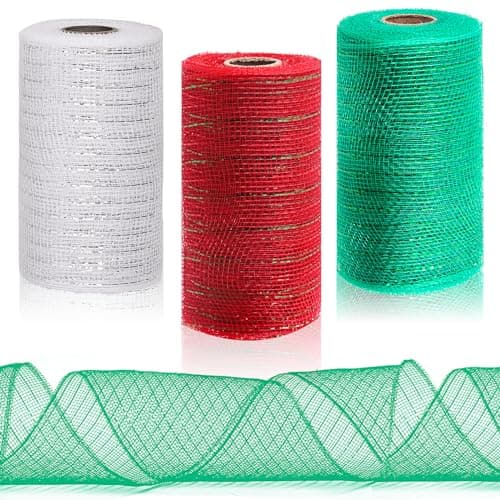 Glarks 3 Rolls Halloween Mesh Ribbon Deco Metallic Foil Poly Mesh Ribbon Silver Red with Green Christmas Green Mesh Rolls for Wreaths Swags Craft Party and Decorating Supplies
