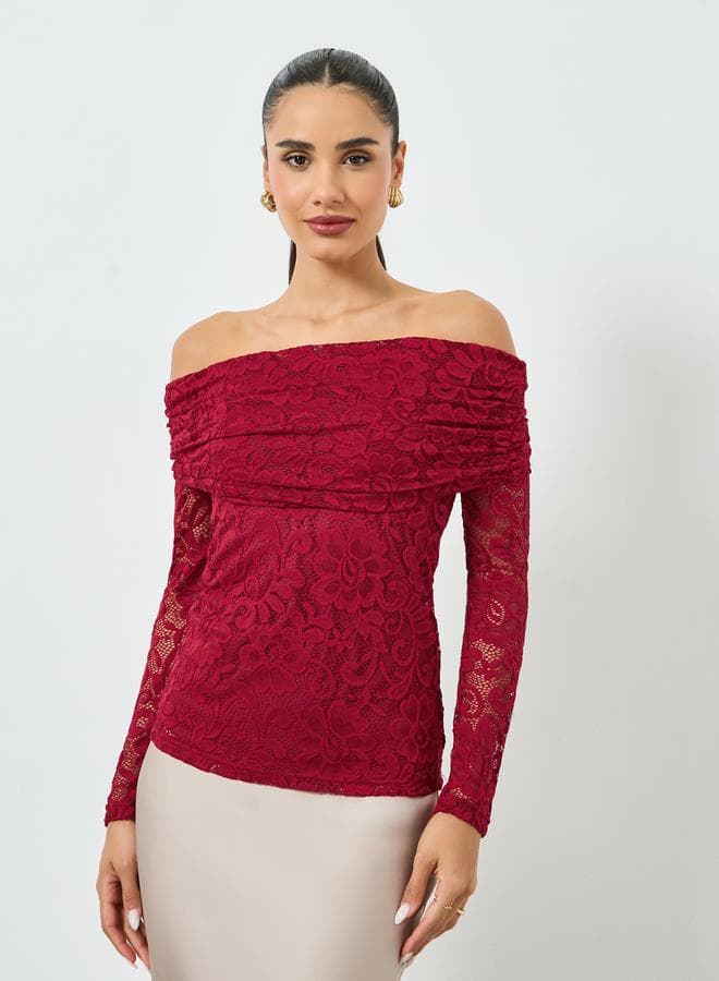 Red Off-Shoulder Long Sleeve Lace Top