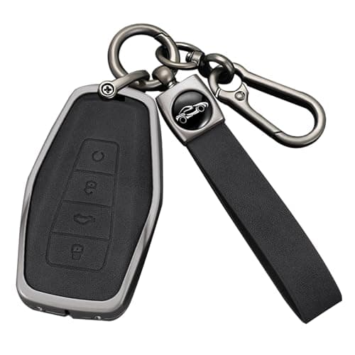 HIBEYO Key Fob Cover Compatible with Geely Emgrand X7 EX7 Coolray 2019-2020 Accessories Leather& Zinc Alloy Key Case Fit for Geely Cover-C Type Remote Boot Black