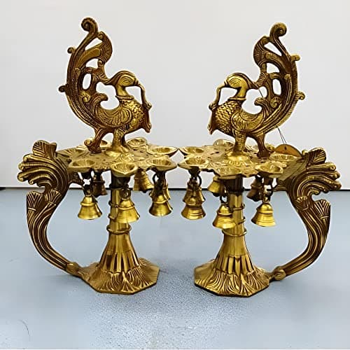 Brass Peacock Design Diya Set with Bell | Peacock Stand Diyas | Gifting Idol | Traditional Beautiful & Modern Diyas | Antique Handwork | Weight - 4.6 Kg, Colour - Gold, H - 12 inch