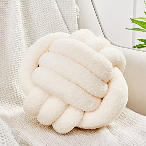 Uvvyui Knot Pillow Ball, Soft Home Decorative Pillows, Round Throw Pillow, Handmade Knotted Plush Pillow, Round Boucle Pillow Cushion (14 Inches Ivory)