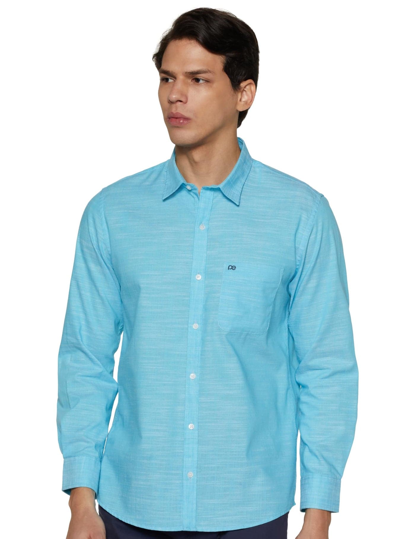 Peter England Men's Slim Fit Full Sleeve 100% Cotton Slub Casual Everyday Shirt Aqua