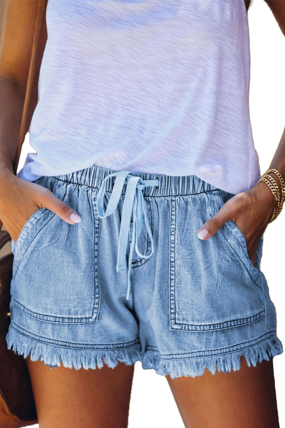 YOCUR Drawstring Jean Shorts for Women Casual Baggy Trendy High Waisted Tassel Denim Shorts Pockets Drawstring Hot Pants Light Blue S